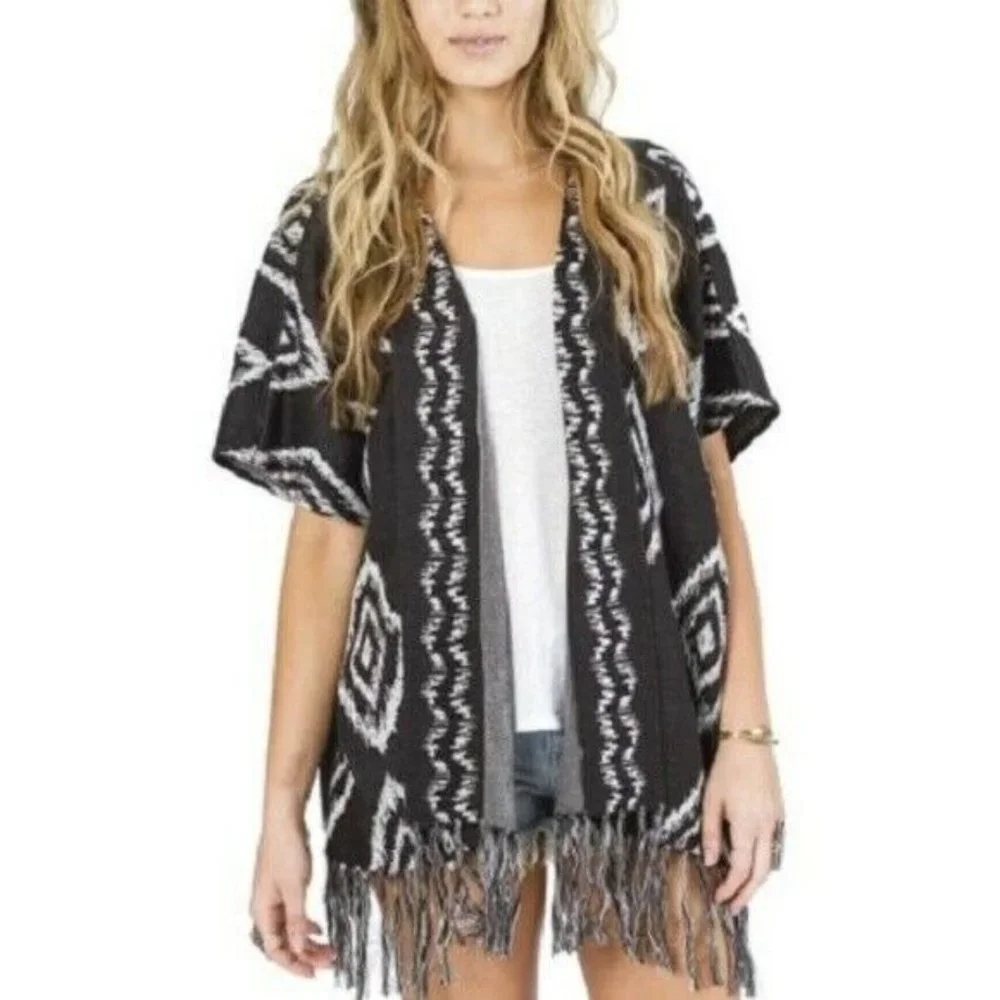 Billabong NWT Fringe Sweater Whole Hearted Cardigan Grey Open Medium